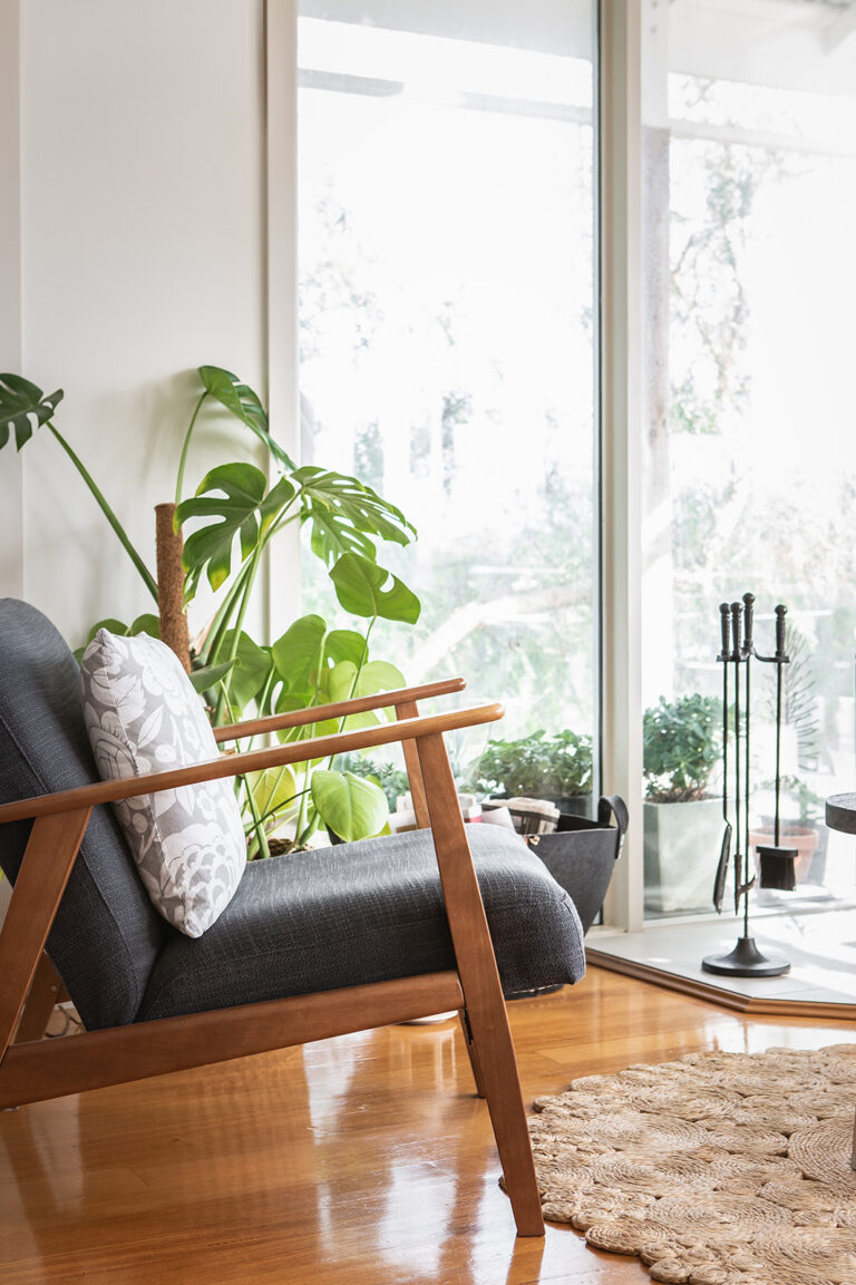 Modernes, helles Wohnungsinterieur mit Vintage-Lehnstuhl und Zimmerpflanze